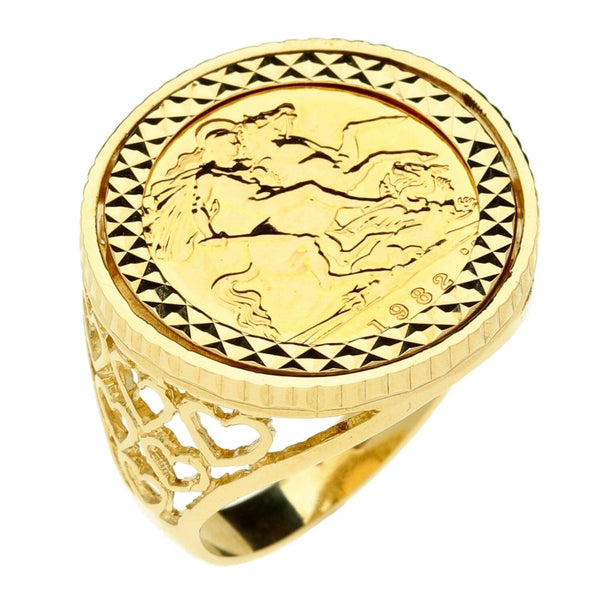 Gents 9ct Yellow Gold Half Sovereign Mounted Ring - 1982