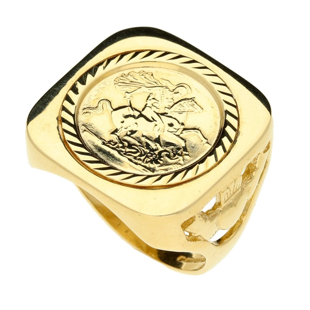 Gents 9ct Yellow Gold Mounted St George Coin Ring - Size O
