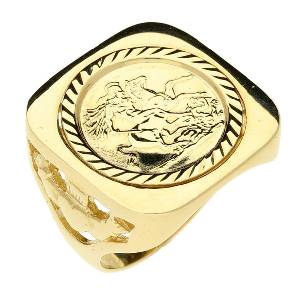 Gents 9ct Yellow Gold Mounted St George Coin Ring - Size O