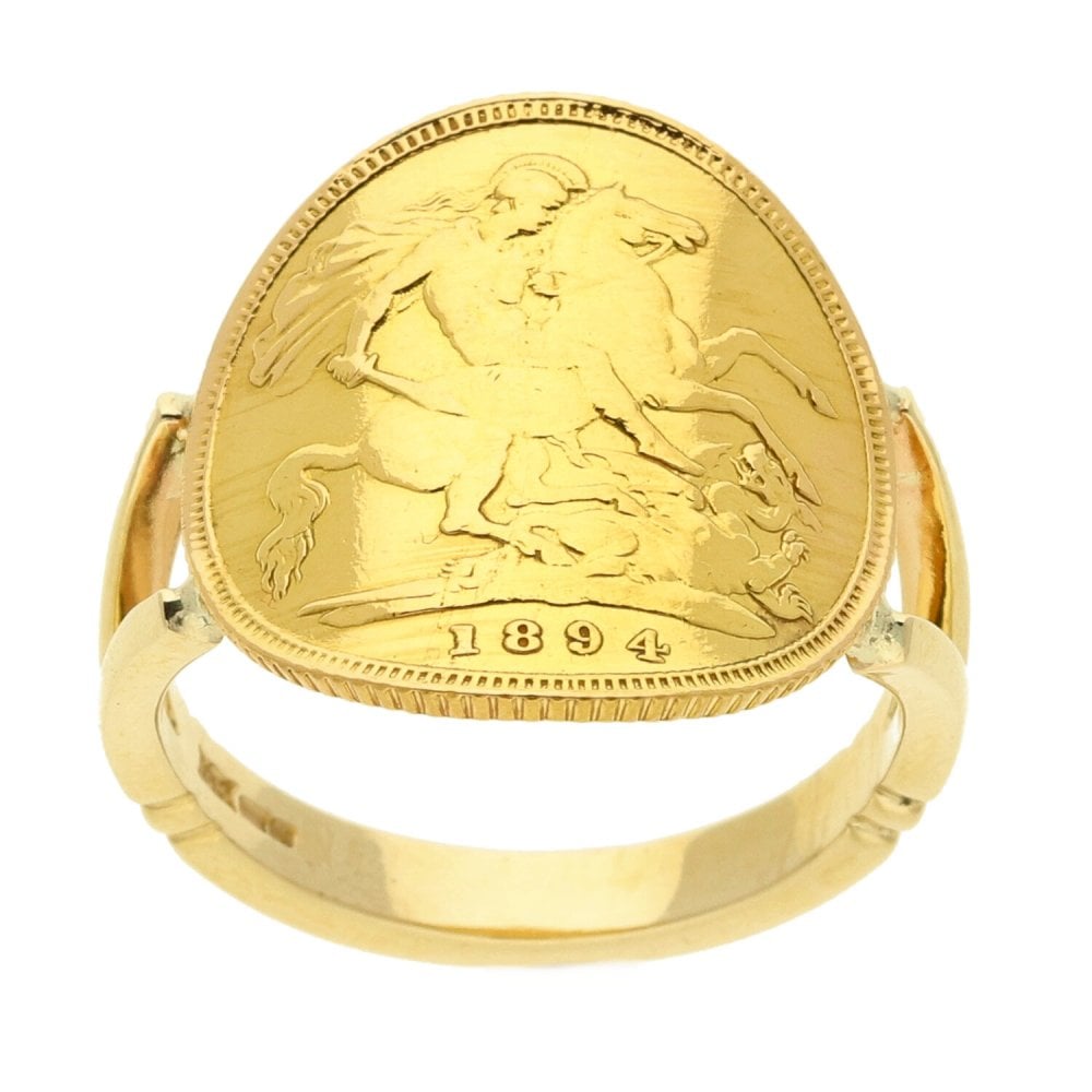 Mens 9ct Yellow Gold Half Bent-Over Sovereign Ring 1894