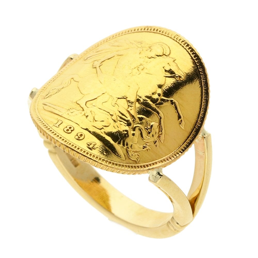 Mens 9ct Yellow Gold Half Bent-Over Sovereign Ring 1894