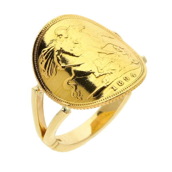 Mens 9ct Yellow Gold Half Bent-Over Sovereign Ring 1894