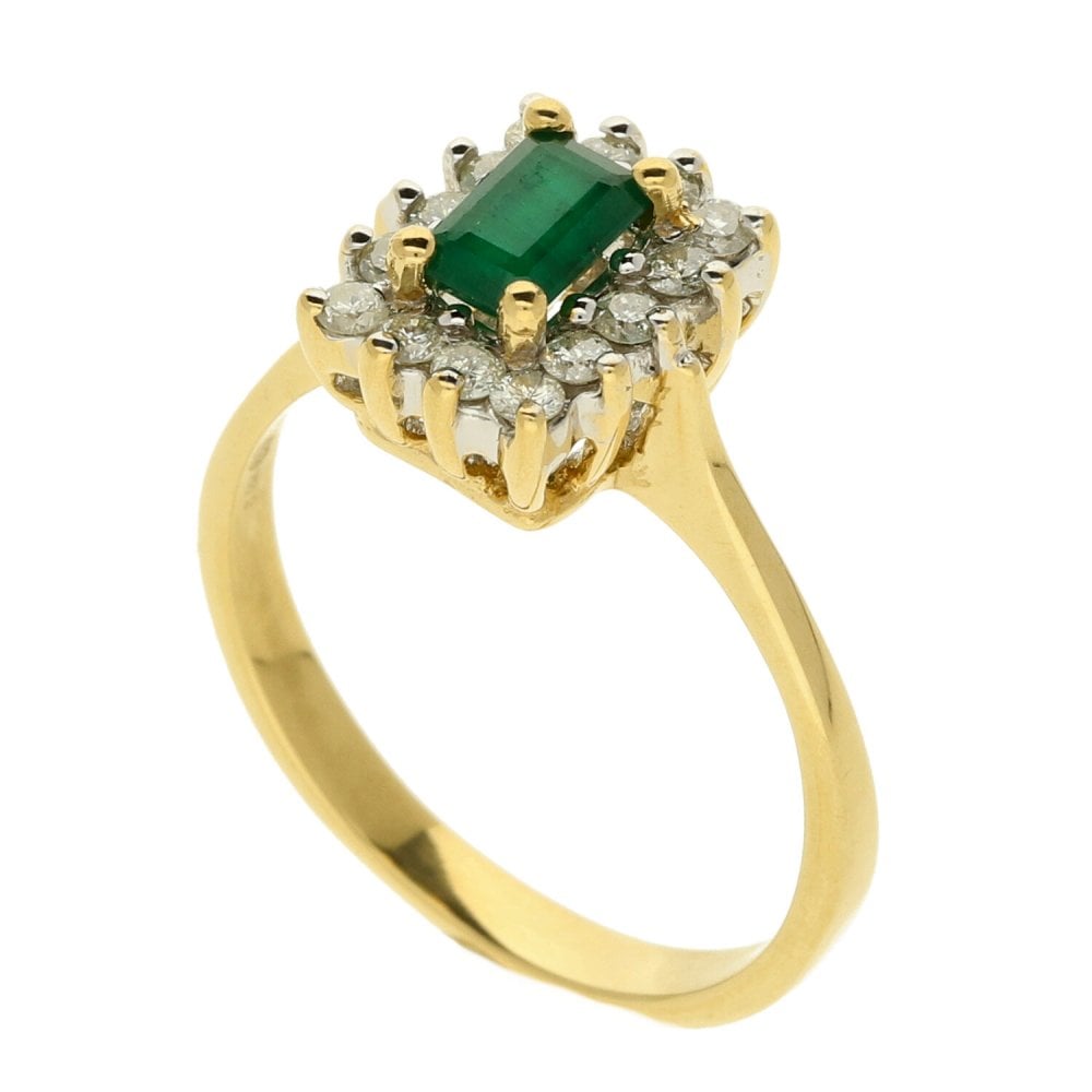 Ladies 18ct Yellow Gold Diamond & Emerald Cluster Ring - Size R
