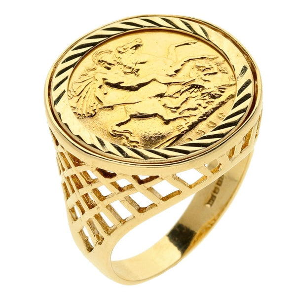 Men's 9ct Yellow Gold Half-Sovereign Coin Mounted Ring - 1906