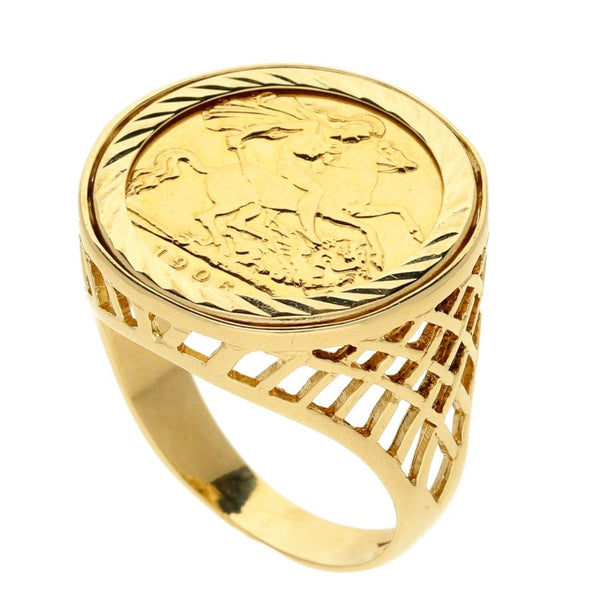 Men's 9ct Yellow Gold Half-Sovereign Coin Mounted Ring - 1906