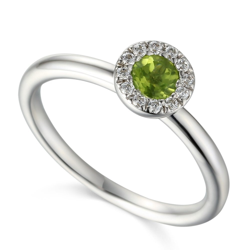 18ct White Gold Peridot Diamond Cluster Ring - 0.10ct