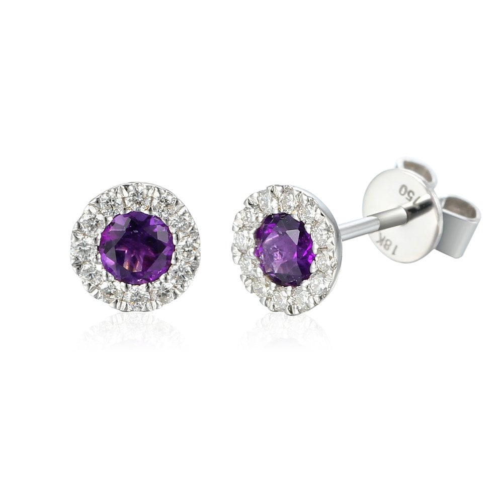Ladies 18ct White Gold Amethyst & Diamond Stud Earrings