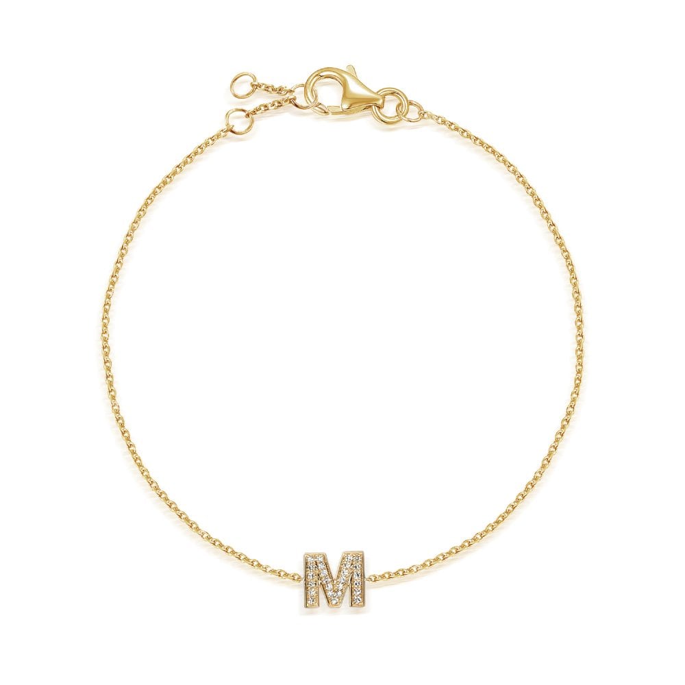 9ct Yellow Gold Diamond Initial M Bracelet - 6"/6.5"/7" - 0.10ct