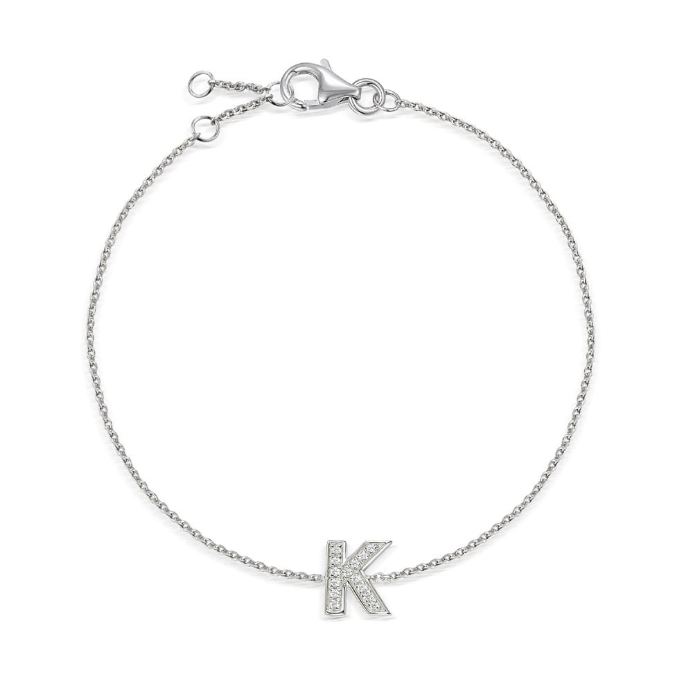 9ct White Gold Diamond Initial K Bracelet - 6"/6.5"/7" - 0.06ct