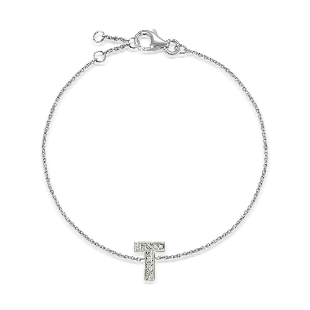 Ladies 9ct White Gold Diamond Set Initial T Bracelet