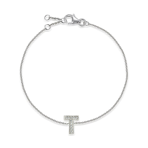 Ladies 9ct White Gold Diamond Set Initial T Bracelet