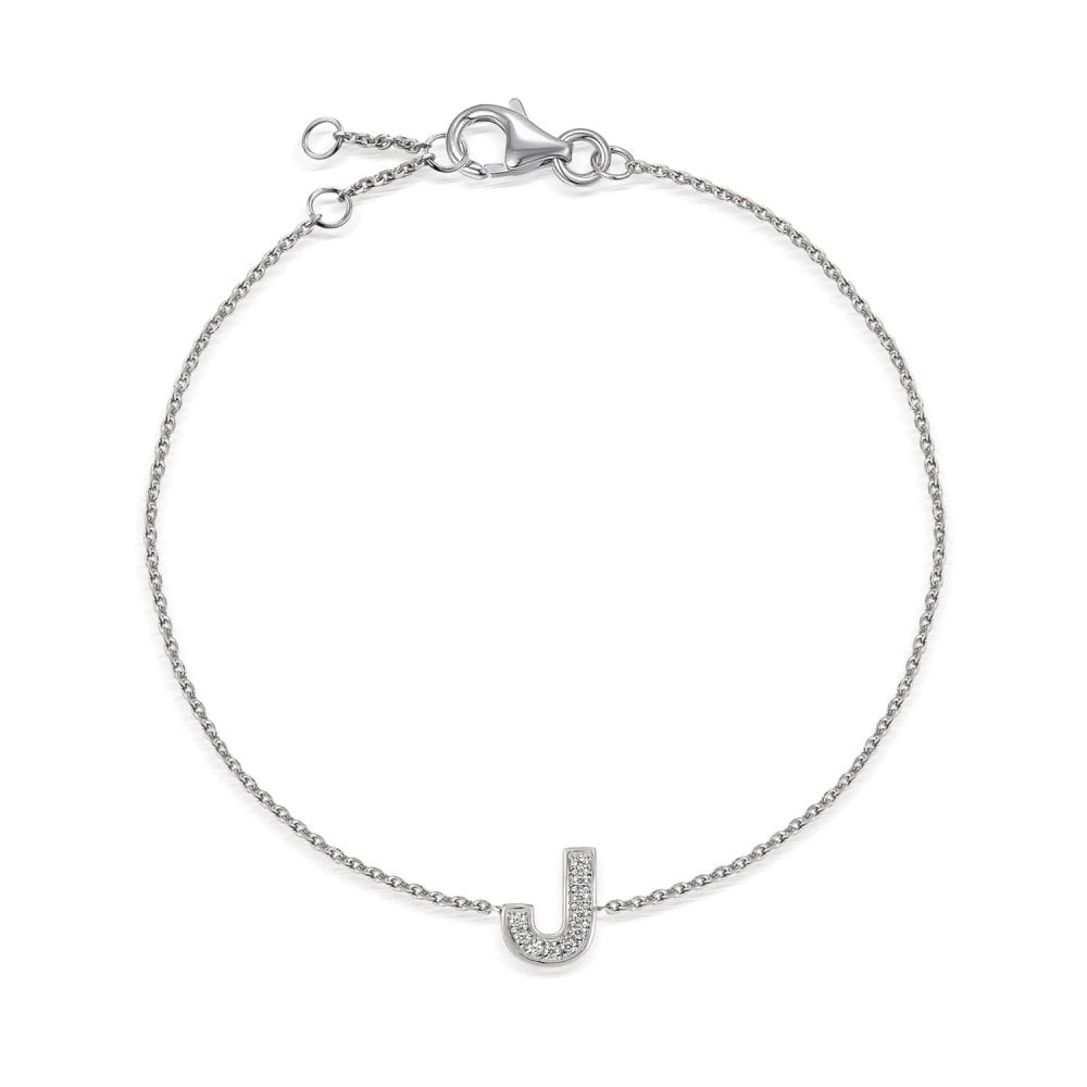 9ct White Gold Diamond Initial J Bracelet - 6"/6.5"/7" - 0.04ct