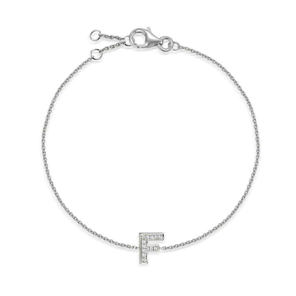 9ct White Gold Diamond Initial F Bracelet - 6"/6.5"/7" - 0.07ct