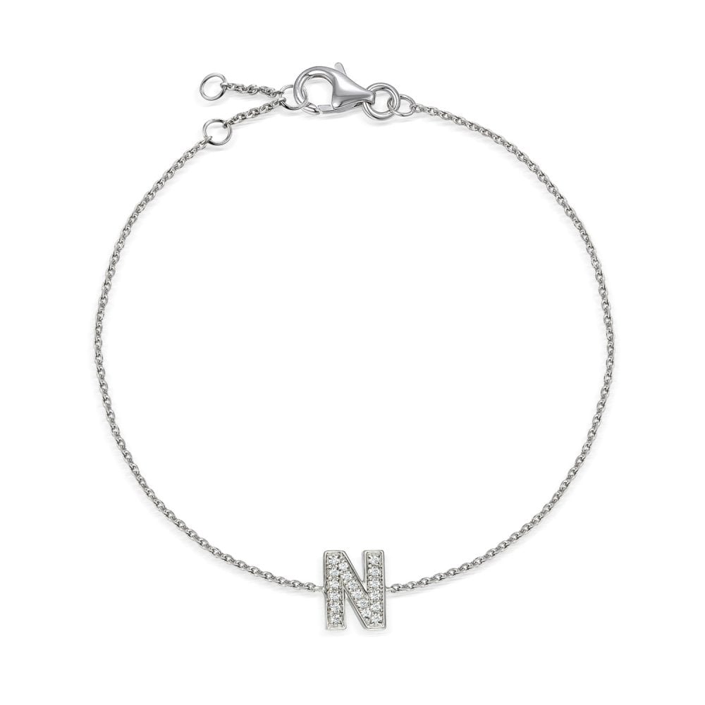9ct White Gold Diamond Initial N Bracelet - 6"/6.5"/7" - 0.04ct