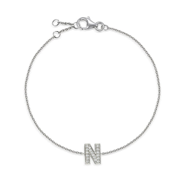 9ct White Gold Diamond Initial N Bracelet - 6"/6.5"/7" - 0.04ct