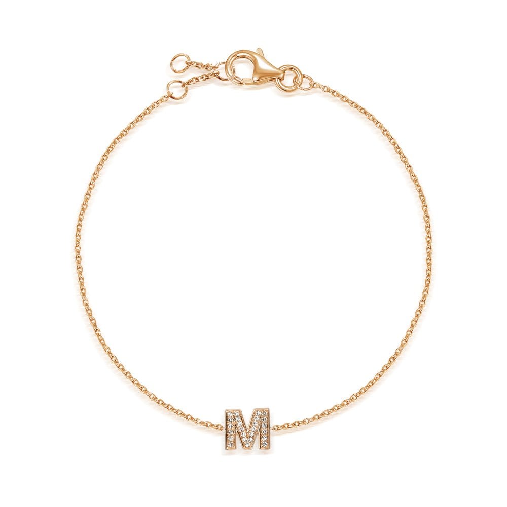 9ct Rose Gold Diamond Initial M Bracelet - 6"/6.5"/7" - 0.10ct