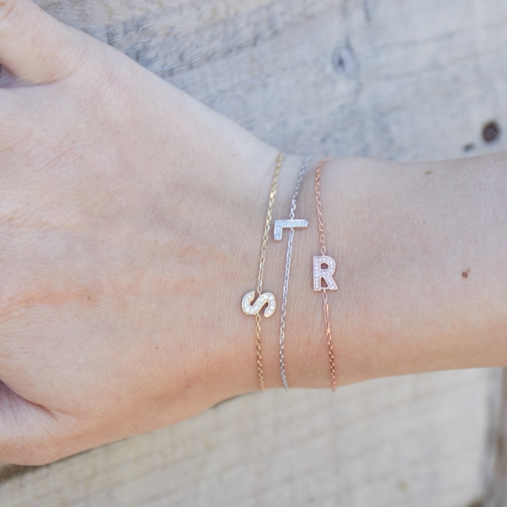9ct Rose Gold Diamond Initial V Bracelet - 6"/6.5"/7" - 0.05ct