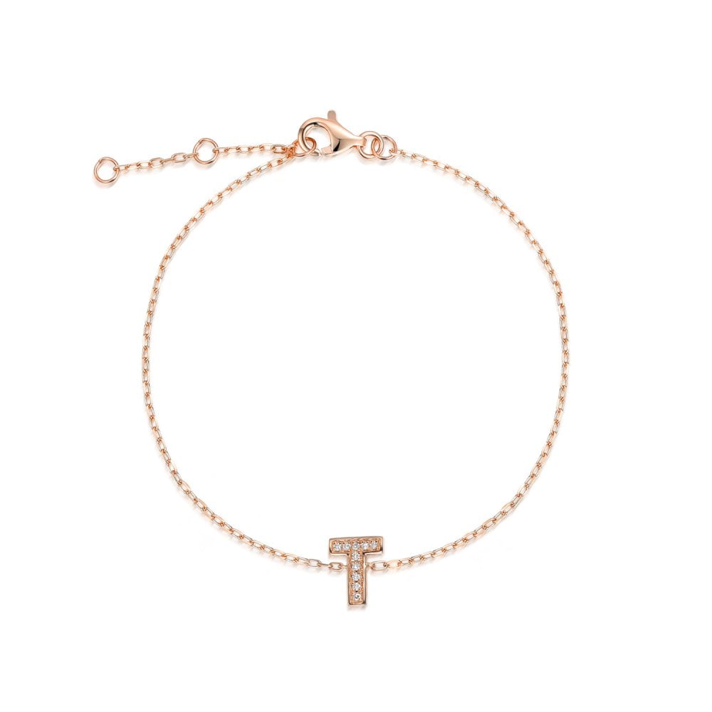 9ct Rose Gold Diamond Initial T Bracelet - 6"/6.5"/7" - 0.04ct
