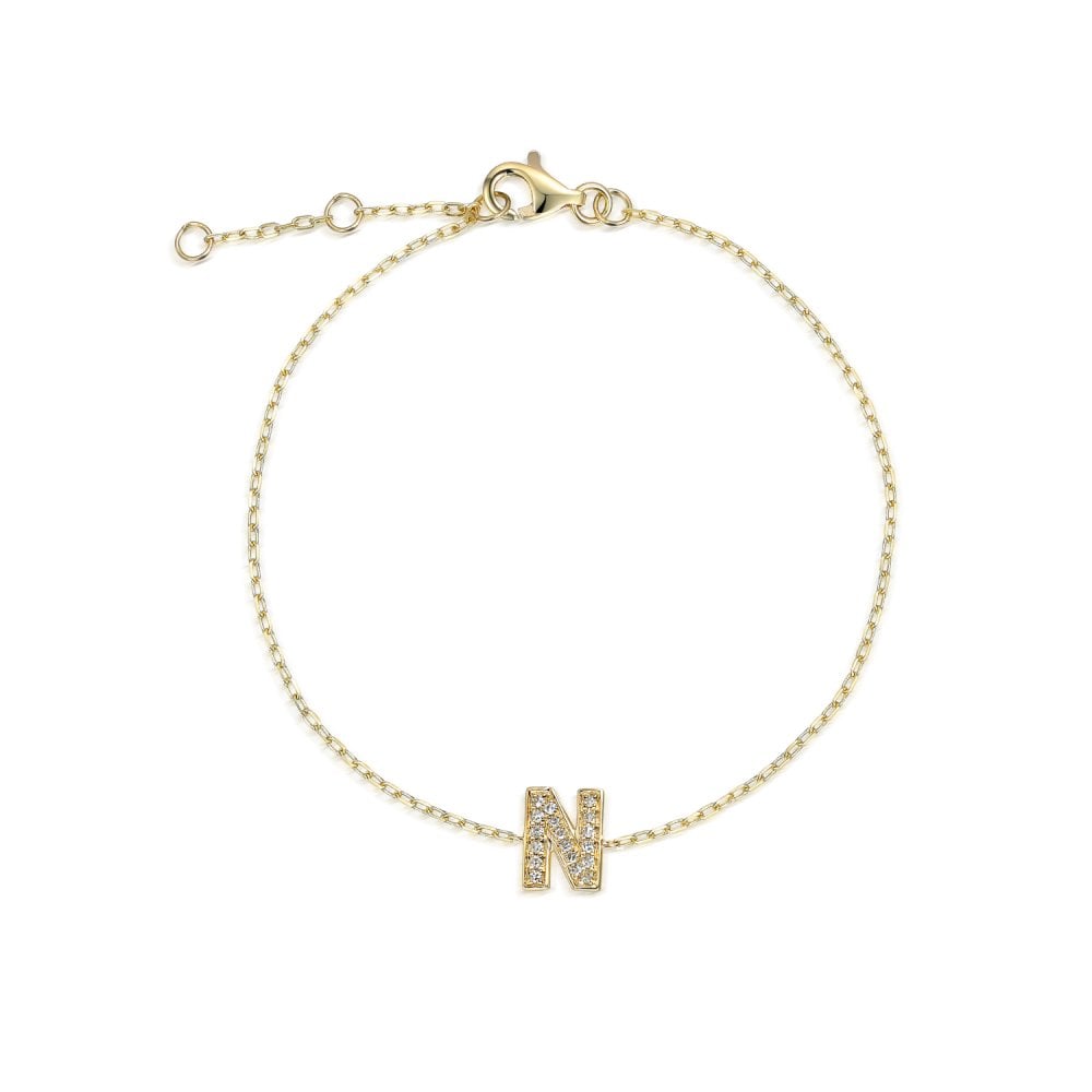 9ct Yellow Gold Diamond Initial N Bracelet - 6"/6.5"/7" - 0.07ct