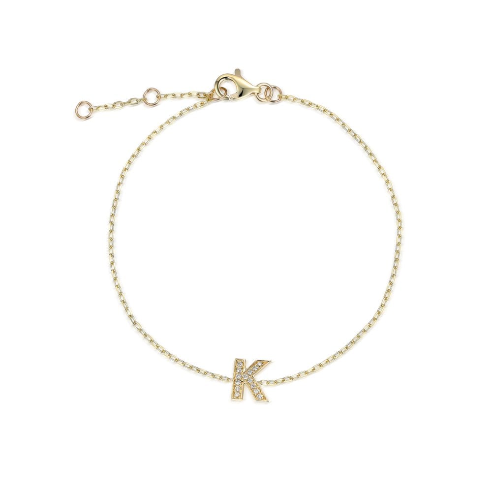 9ct Yellow Gold Diamond Initial K Bracelet - 6"/6.5"/7" - 0.06ct