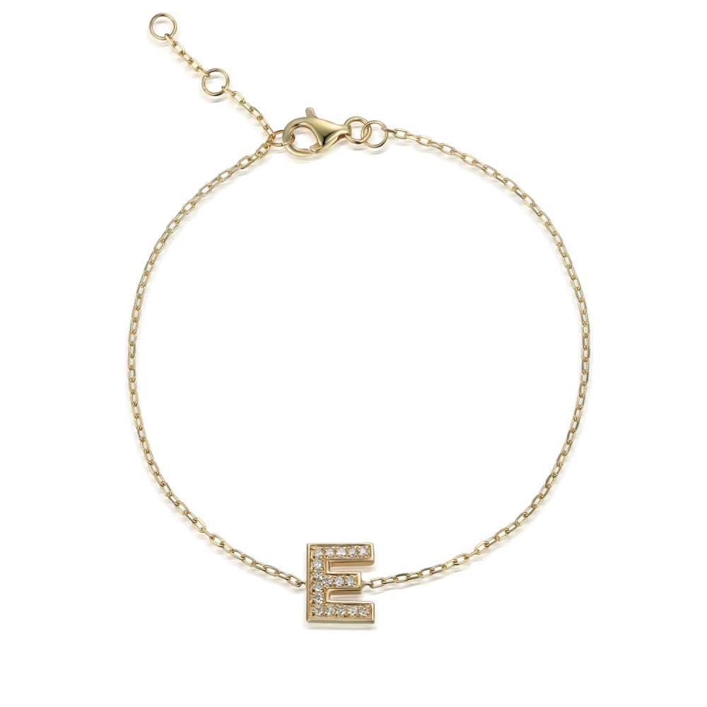 9ct Yellow Gold Diamond Initial E Bracelet - 6"/6.5"/7" - 0.07ct