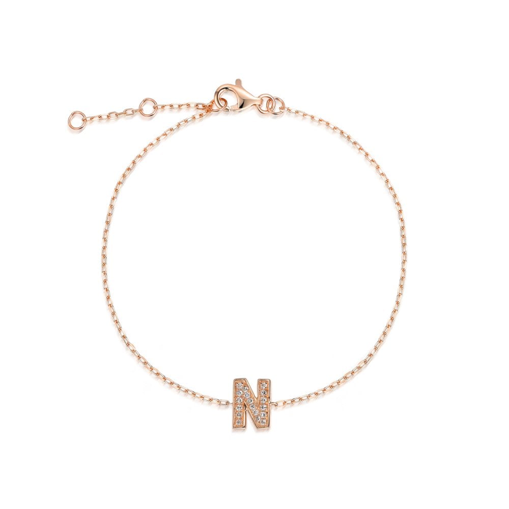 9ct Rose Gold Diamond Initial N Bracelet - 6"/6.5"/7" - 0.07ct