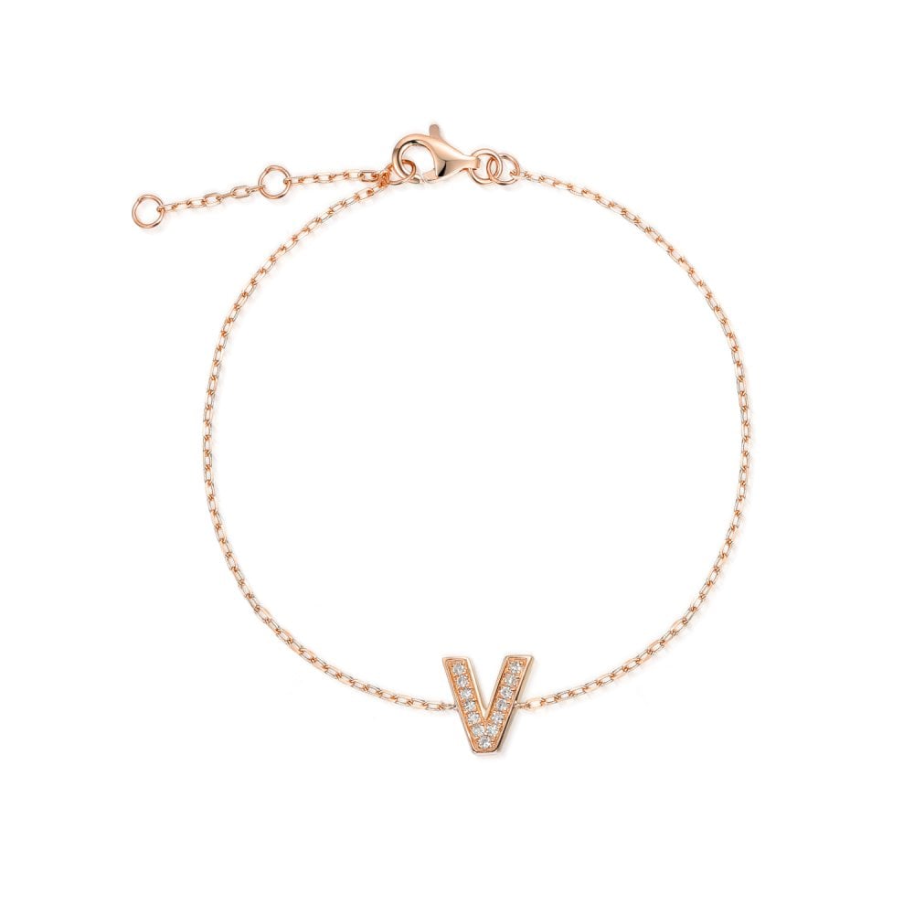 9ct Rose Gold Diamond Initial V Bracelet - 6"/6.5"/7" - 0.05ct