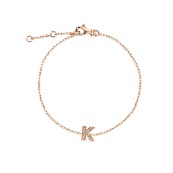 9ct Rose Gold Diamond Initial K Bracelet - 6"/6.5"/7" - 0.06ct