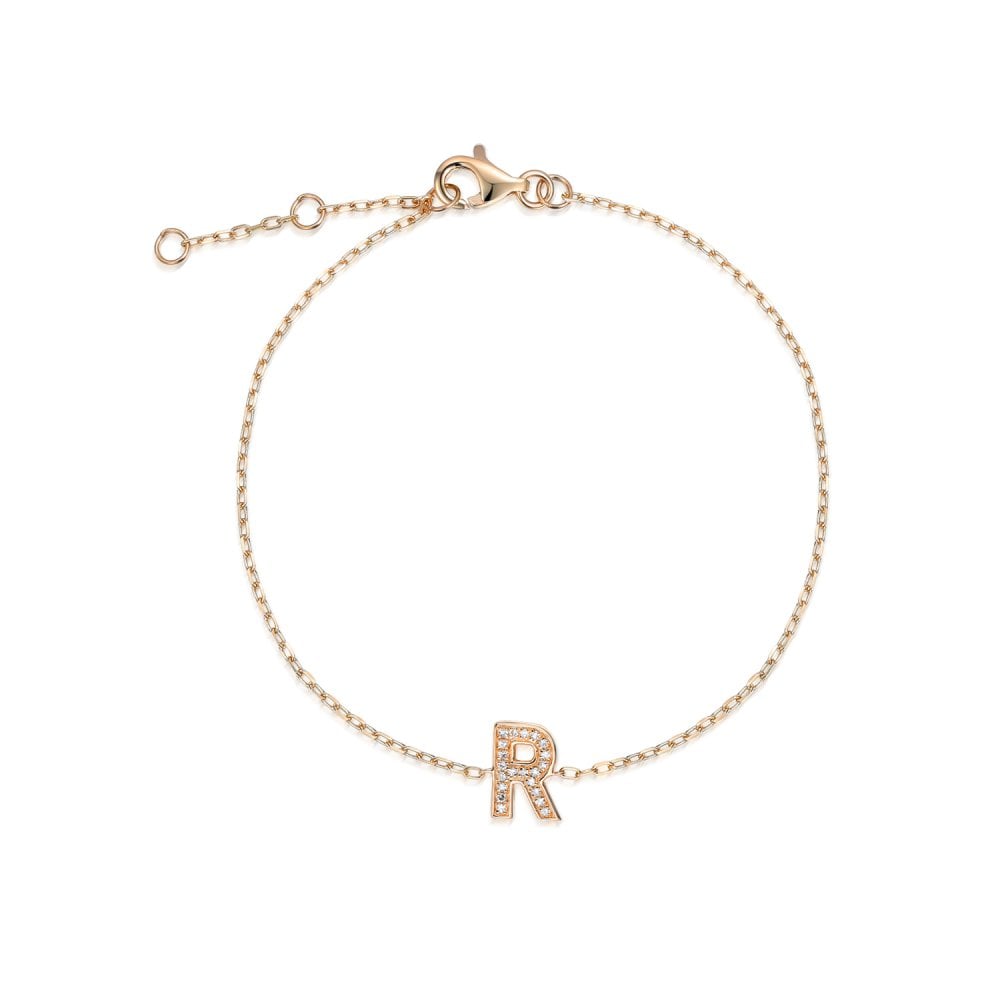 9ct Rose Gold Diamond Initial R Bracelet - 6"/6.5"/7" - 0.04ct