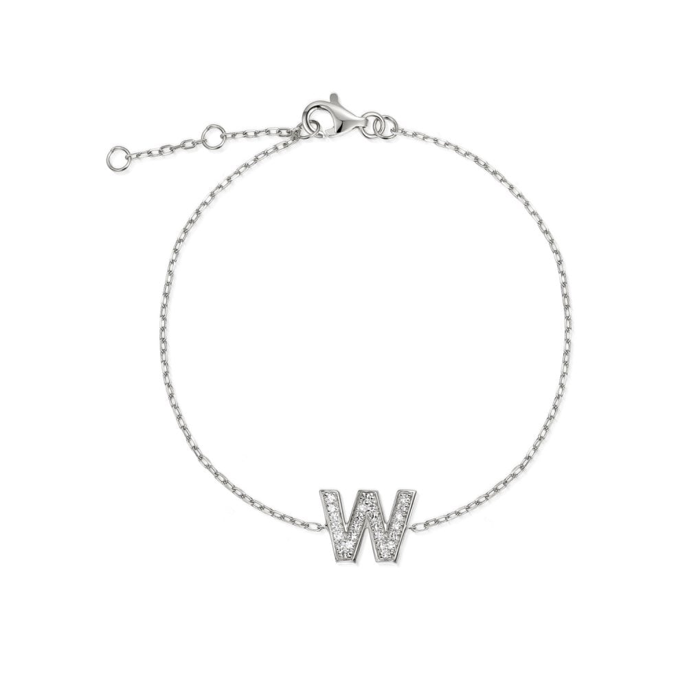 Ladies 9ct White Gold Diamond Set Initial W Bracelet