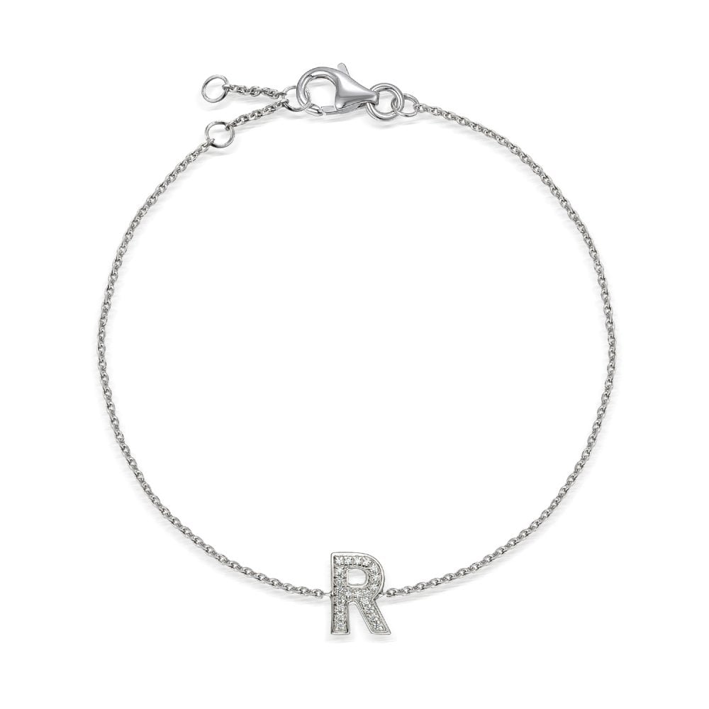 9ct White Gold Diamond Initial R Bracelet - 6"/6.5"/7" - 0.05ct