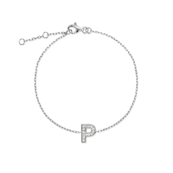 9ct White Gold Diamond Initial P Bracelet - 6"/6.5"/7" - 0.05ct