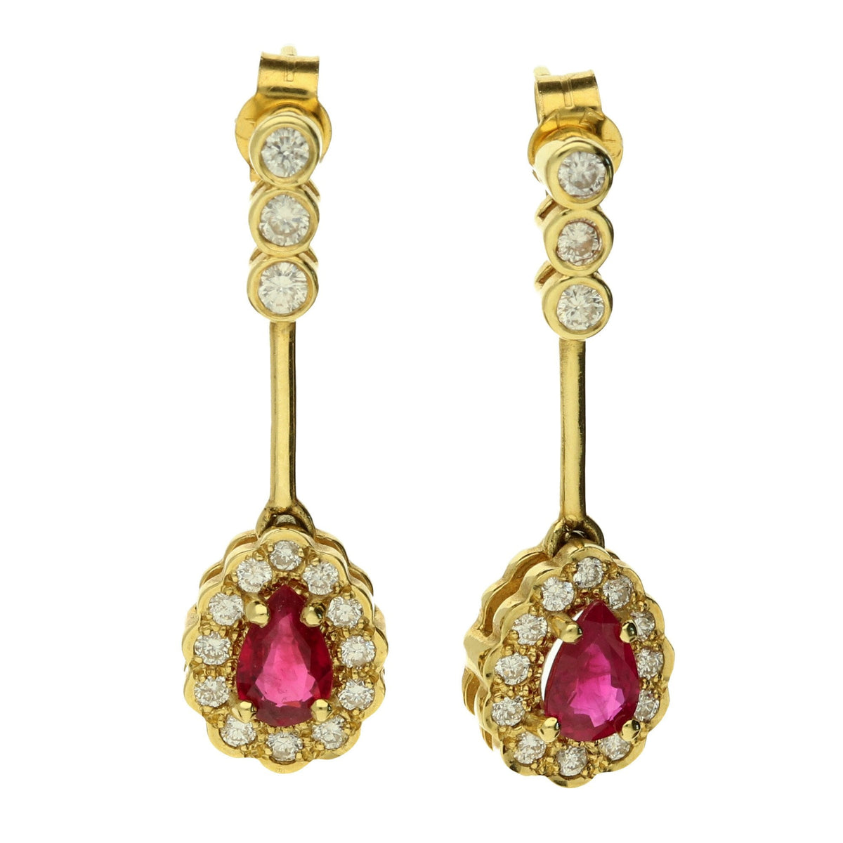 18ct Yellow Gold Diamond & Ruby Drop Earrings - 4.6g