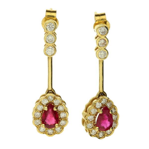 18ct Yellow Gold Diamond & Ruby Drop Earrings - 4.6g