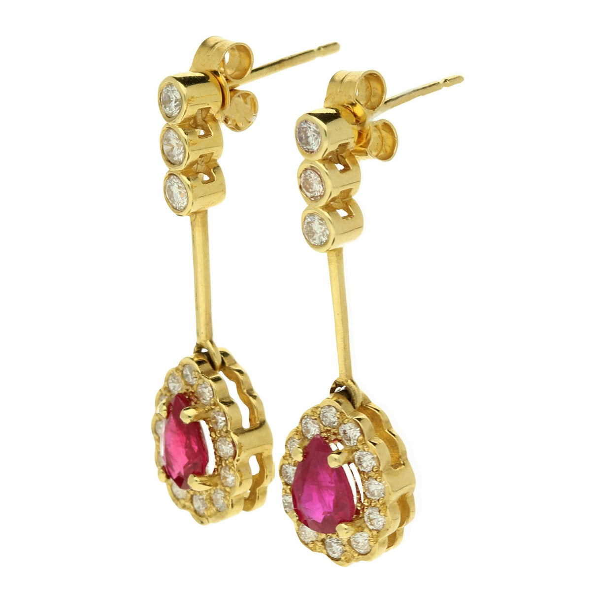18ct Yellow Gold Diamond & Ruby Drop Earrings - 4.6g