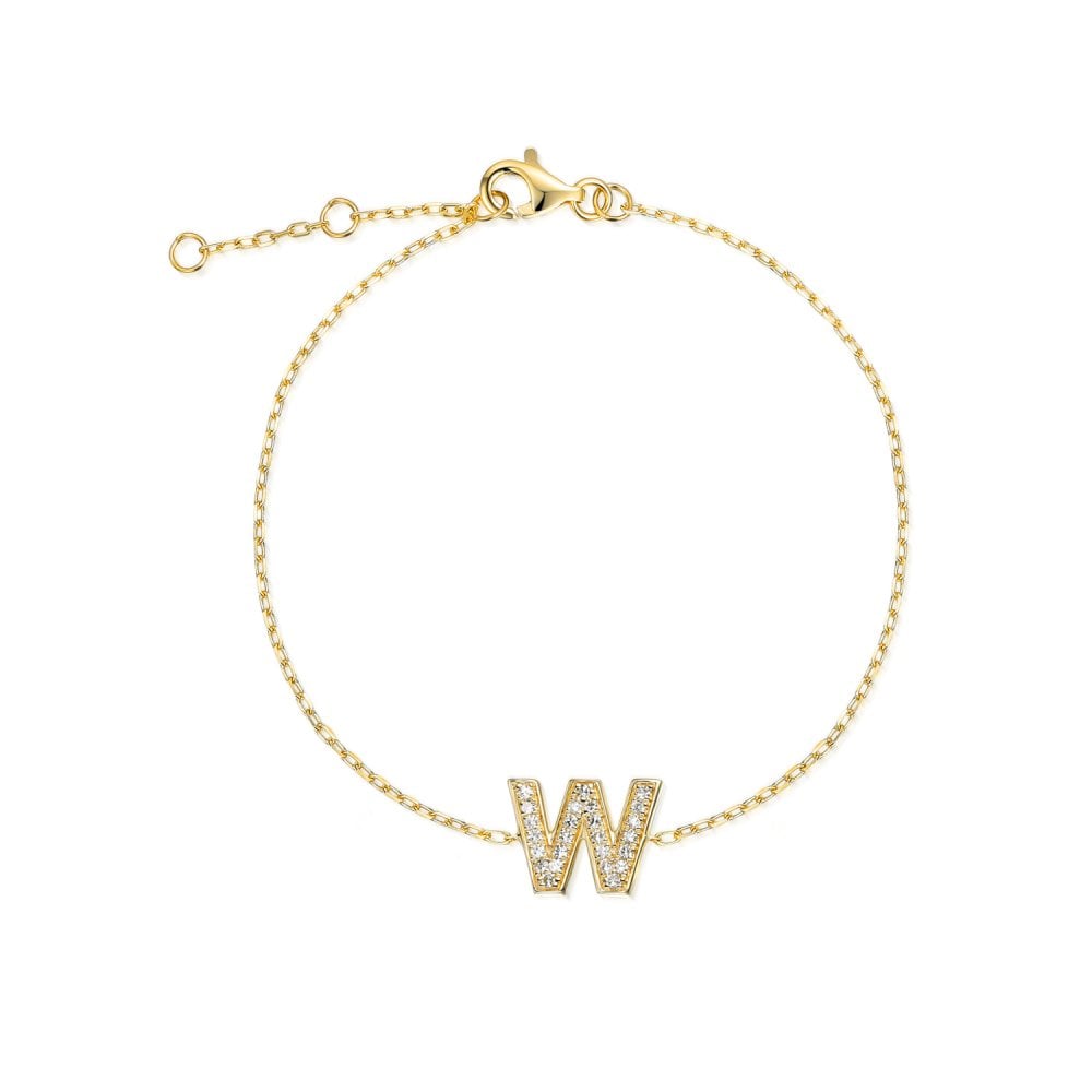 9ct Yellow Gold Diamond Initial W Bracelet - 6"/6.5"/7" - 0.08ct