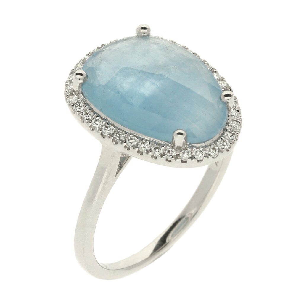 Ladies 18ct White Gold Opaque Aqua And Diamond Ring