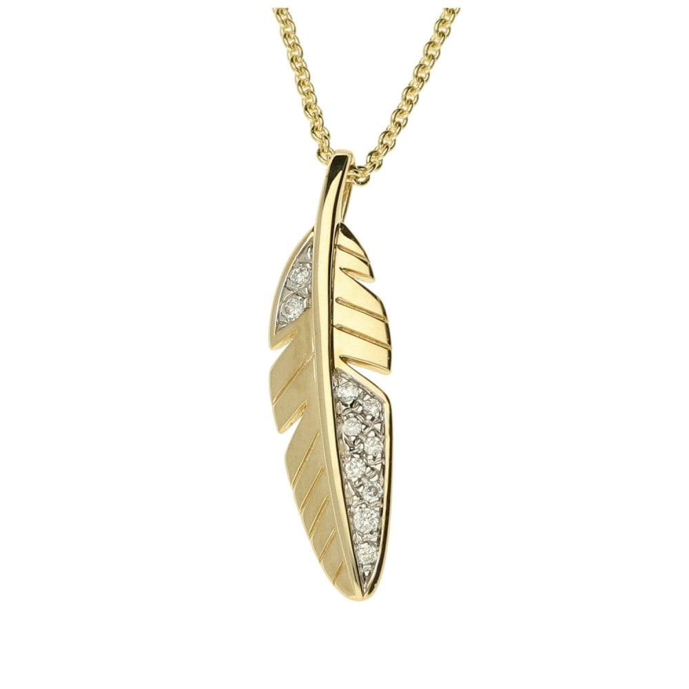9ct Yellow Gold Diamond Feather Pendant & Chain - 18" - 0.03ct