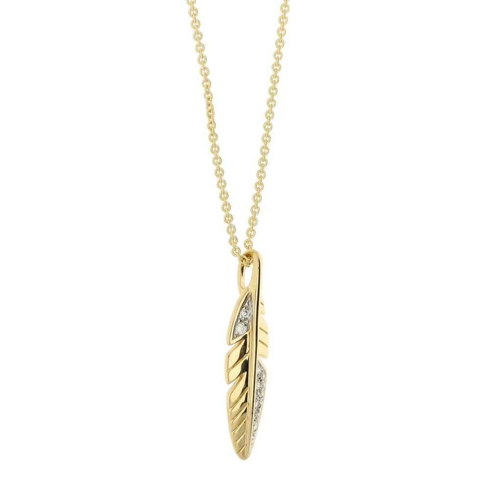 9ct Yellow Gold Diamond Feather Pendant & Chain - 18" - 0.03ct