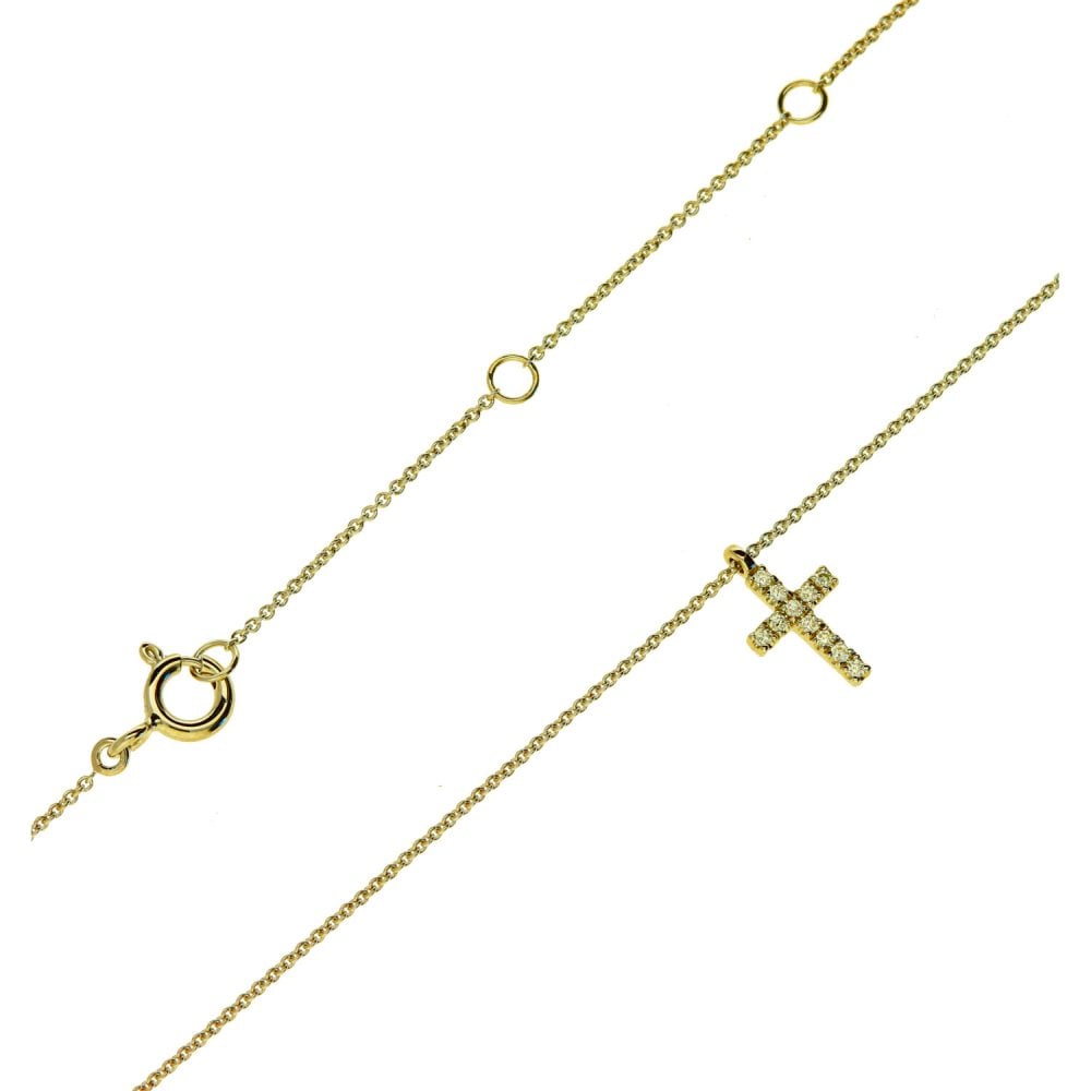 9ct Yellow Gold Diamond Cross & Necklace - 18" - 0.06ct