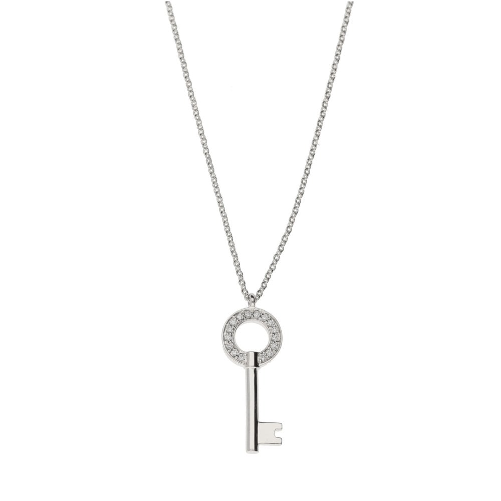 18ct White Gold Diamond Key Pendant & Necklace - 18" - 0.06ct