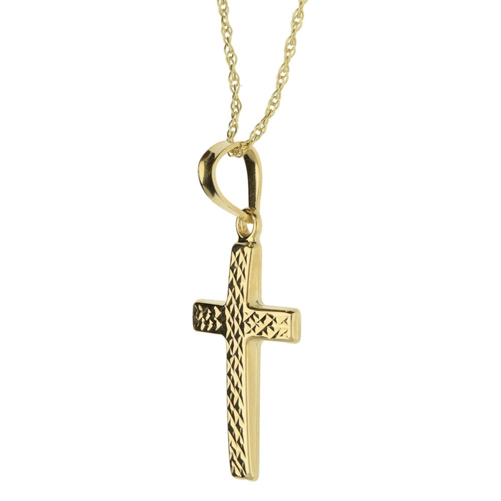 9ct Yellow Gold Diamond-Cut Cross Pendant & Necklace - 18" -1.3g