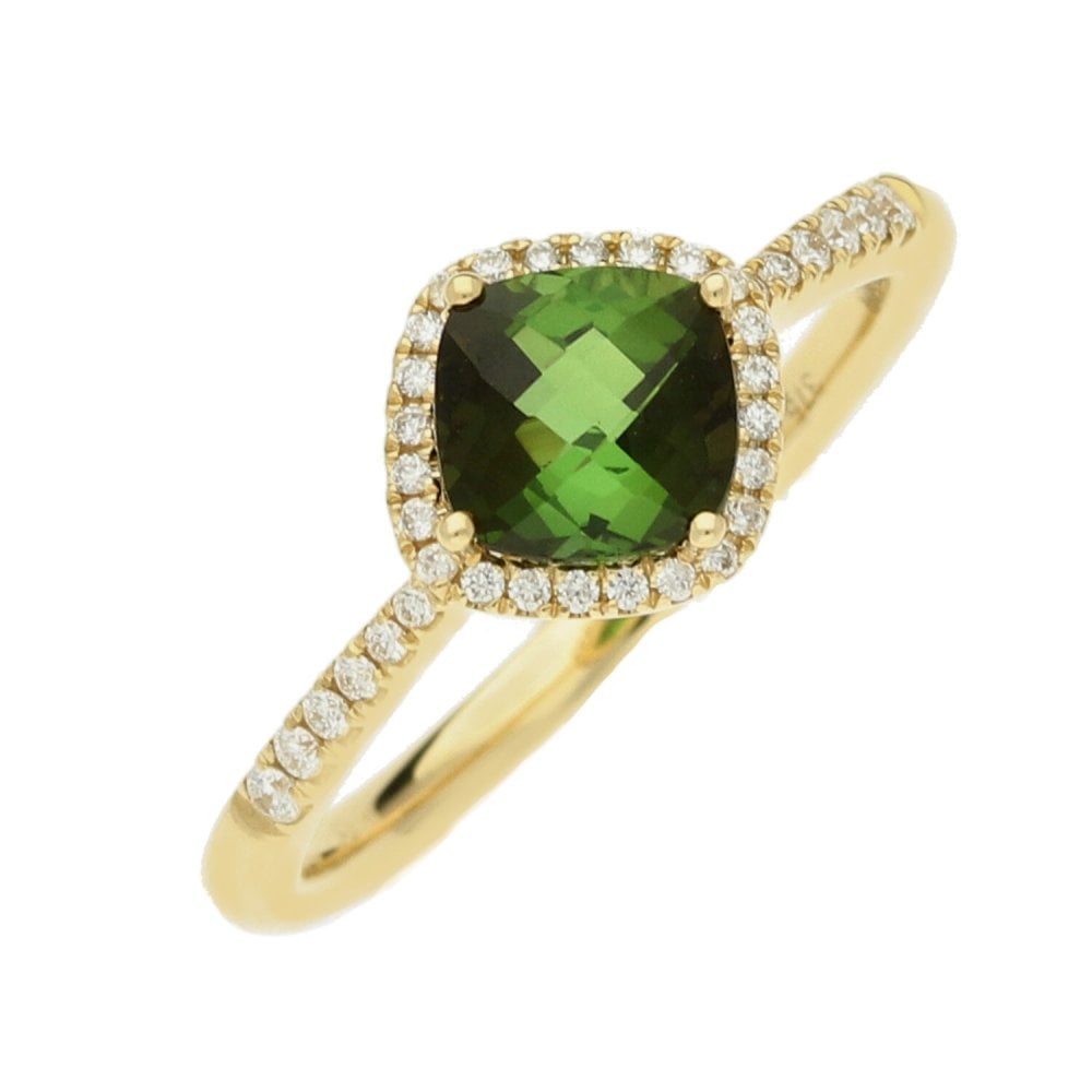 Ladies 9ct Yellow Gold Diamond And Green Tourmaline Ring -0.15ct