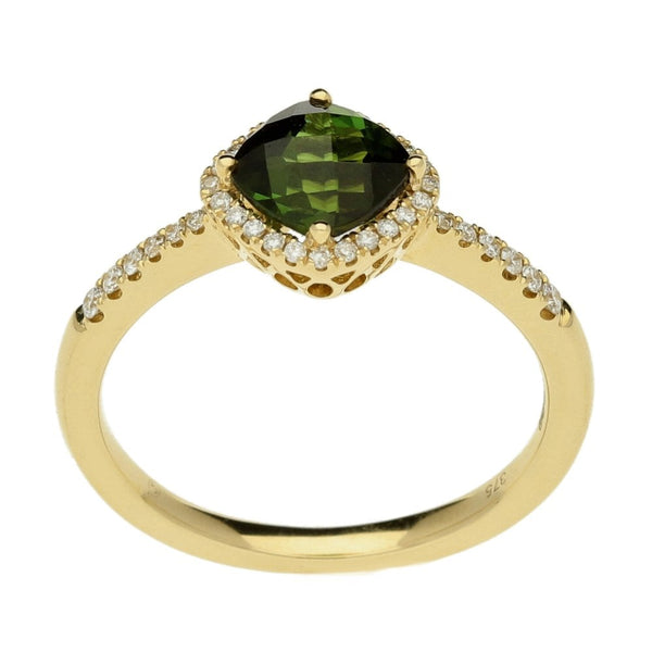 Ladies 9ct Yellow Gold Diamond And Green Tourmaline Ring -0.15ct