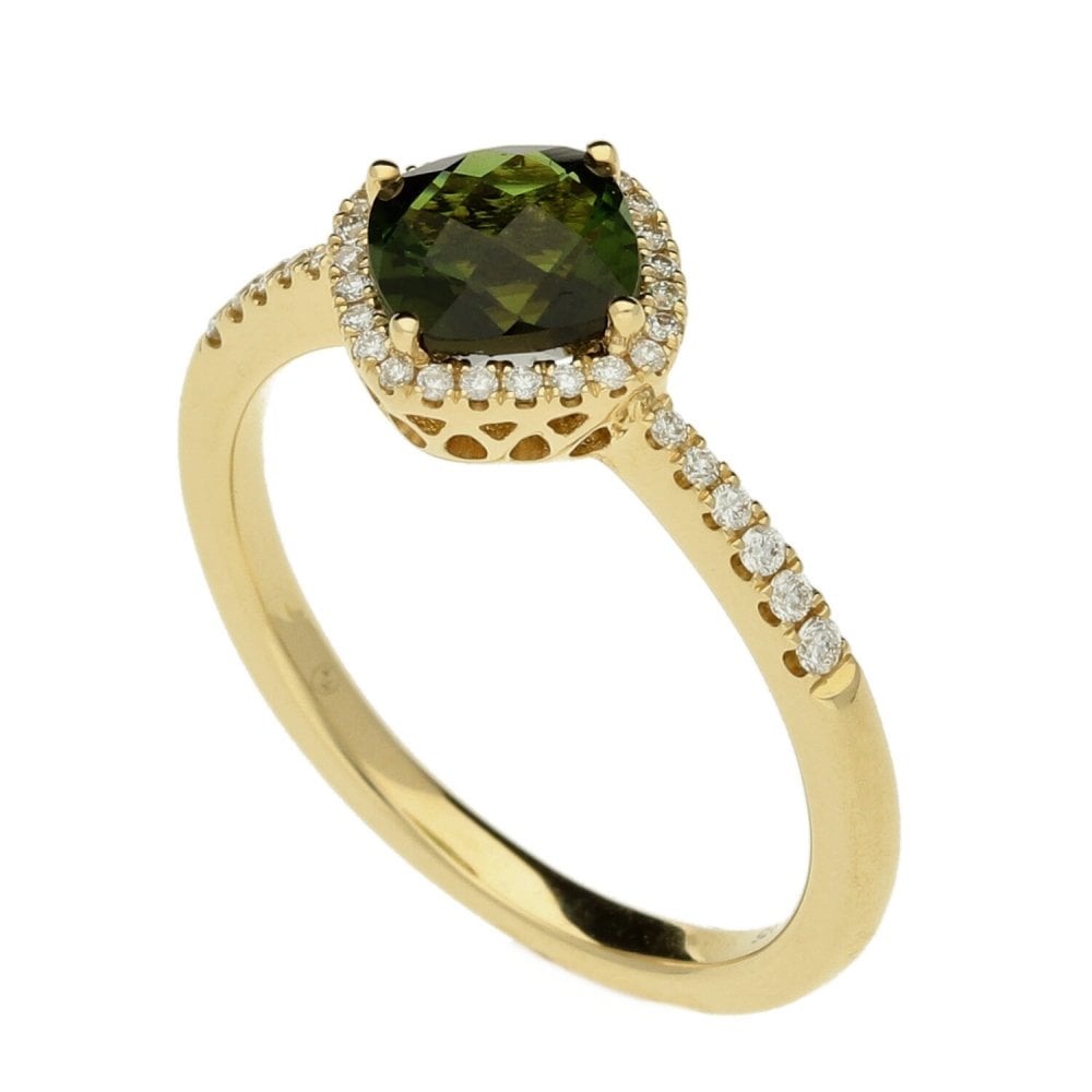 Ladies 9ct Yellow Gold Diamond And Green Tourmaline Ring -0.15ct