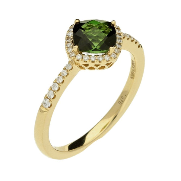 Ladies 9ct Yellow Gold Diamond And Green Tourmaline Ring -0.15ct