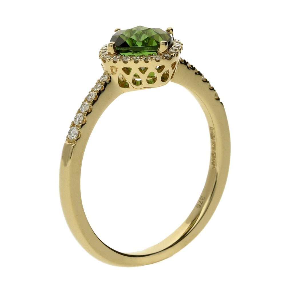 Ladies 9ct Yellow Gold Diamond And Green Tourmaline Ring -0.15ct