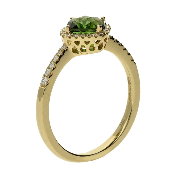 Ladies 9ct Yellow Gold Diamond And Green Tourmaline Ring -0.15ct