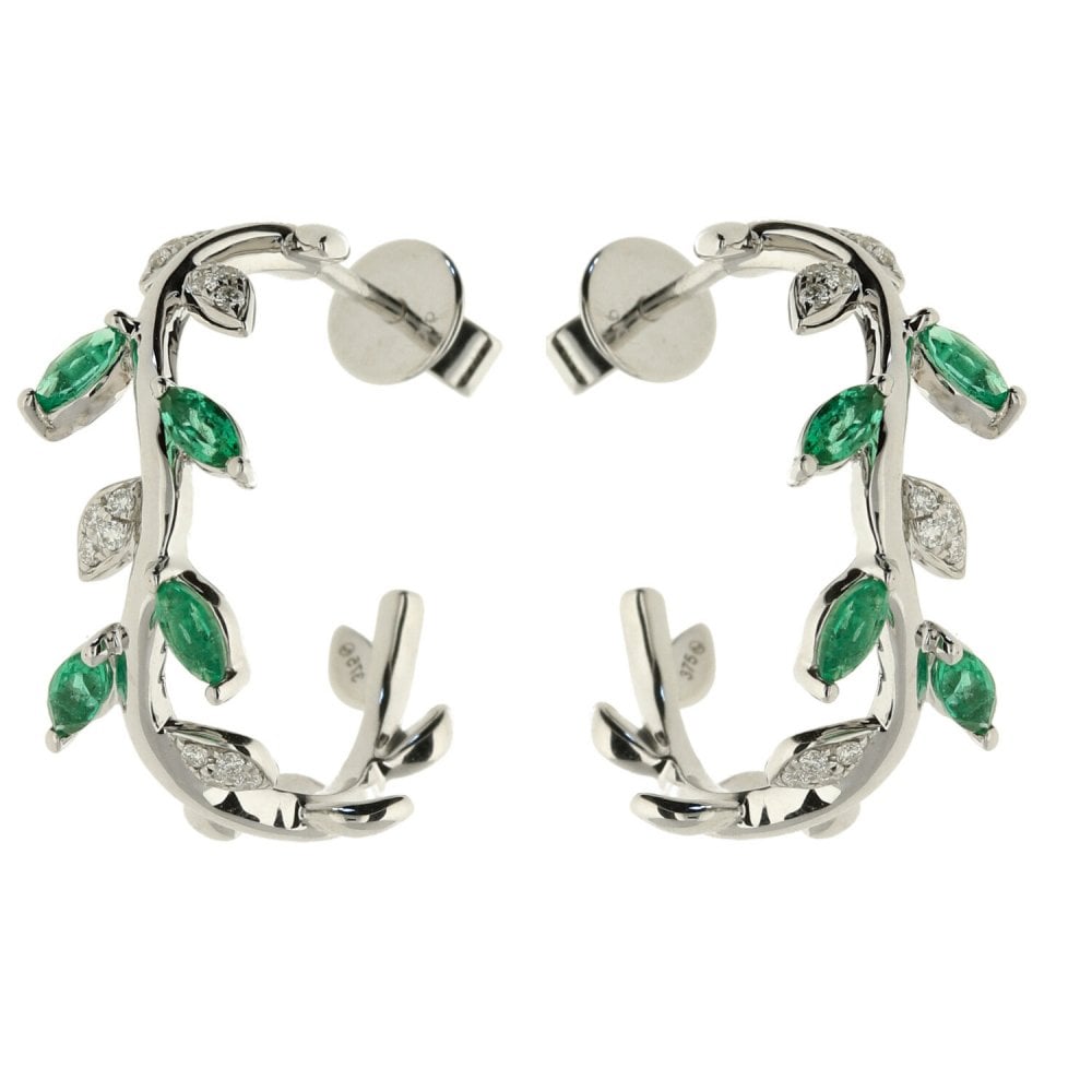 Ladies 9ct White Gold Diamond And Emerald Leaf Style Earrings