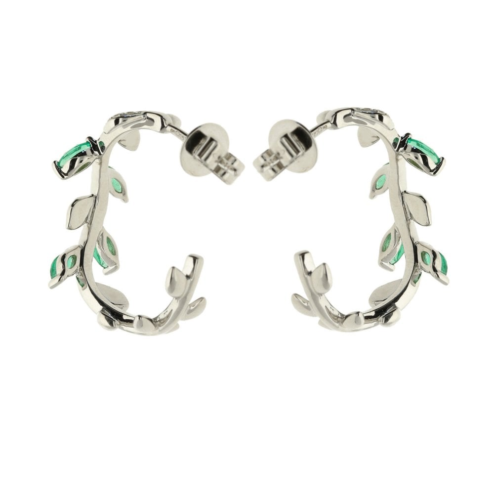 Ladies 9ct White Gold Diamond And Emerald Leaf Style Earrings